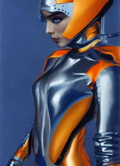 Image similar to ( ( symmetry ) ) closeup portrait of a chrome stunning cyborg girl, ( ( ( crying ) ) ), racer jumpsuit with shoulder pads, strong cinematic light, blue orange, viscous volumetric smoke, mist, by gerald brom, by mikhail vrubel, by peter elson, muted colors, extreme detail, trending on artstation, 8 k