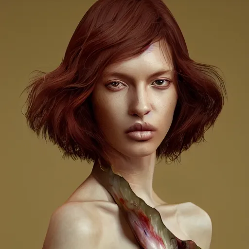 Image similar to Glamorous Runway Model with Ocular Implants, long fan blown dark reddish hair, tight bone structure, olive skin, intricate, elegant, highly detailed, octane render, photorealistic, smooth, depth of field blur, illustration, art James Jean and Kim Keever