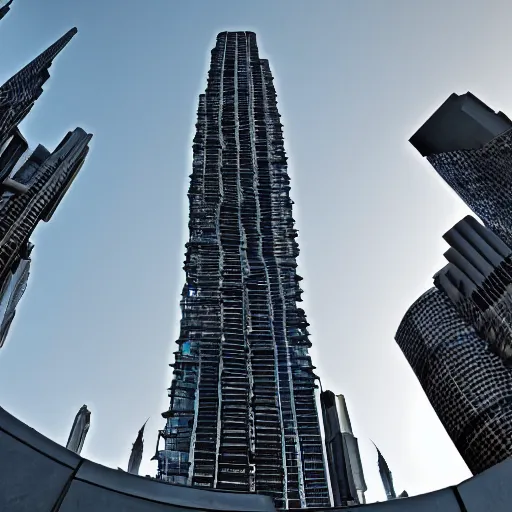 Prompt: 4 k photography, wide angle shot of a skyscraper designed by h. r. giger