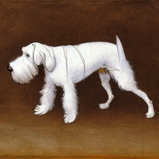 Prompt: reinacensse sketch, white schnauzer dog with two open wings, front view, leonardo da vinci