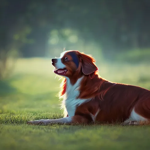 Prompt: red tri australian shepard. golden hour light photograph, hi gloss perfect lighting, 4 k, octane render, 5 0 mp cannon 8 0 mm.