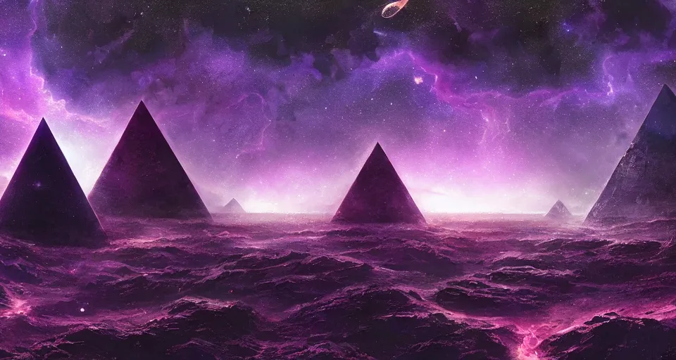 Prompt: black lovecraftian eldritch!! obsidian! pyramid!! surrounded by dark sea, cosmic purple space!, bright stars, nebula, sky background by eugene von guerard, ivan shishkin, night, concept art, trending on artstation, 8 k