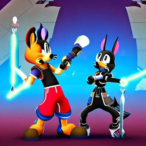 Prompt: twi cats fighting in the style of kingdom hearts, this image came from kingdom hearts 3, cats wielding keyblades