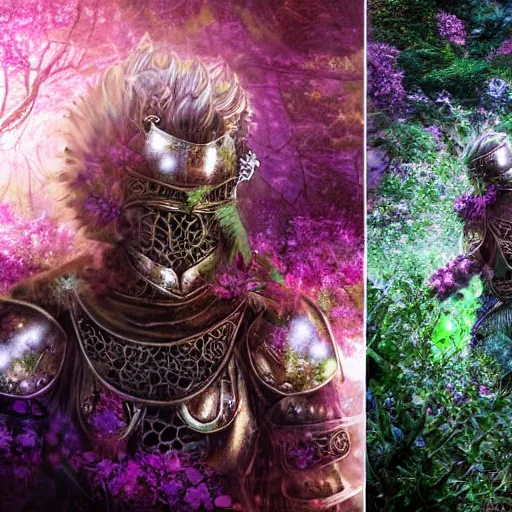 Image similar to a male knight, stern face, clear eyes, in a dark forest, shining armour made of steel and flowers, and fractal flowery hair in a fractal garden, glowing delicate flower, berries and ferns that grow in a dark fantasy forest, clear face, peaceful face, half figure shot,
