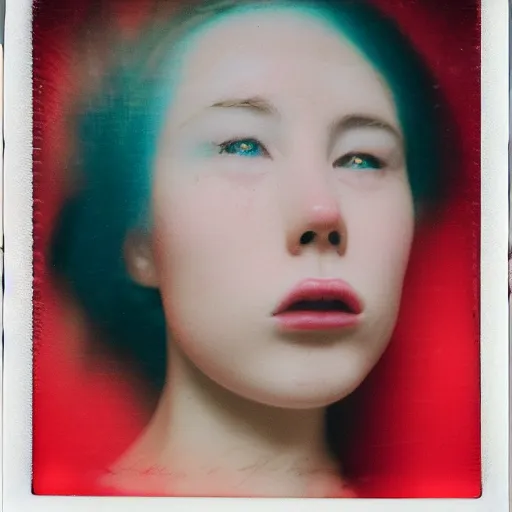 Image similar to a porcelain portrait of a girl face melt down like an ice cream, realistic detailed photography polaroid
