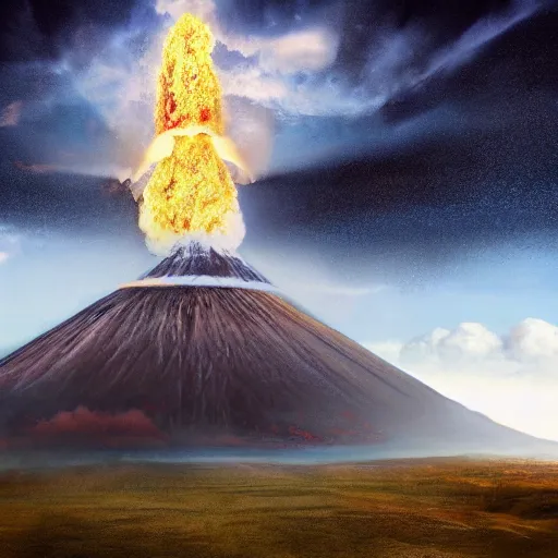 Image similar to God coming down from the sky while a Volcanoe erupts in the background, hyper realistic, HD, HQ, photo realistic, stunning