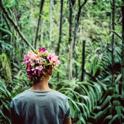 Prompt: close up kodak portra 4 0 0 photograph of a skinny guy with short blonde hair standing in a dark exotic jungle, back view, flower crown, moody lighting, telephoto, 9 0 s vibe, blurry background, vaporwave colors, faded!,