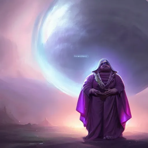 Prompt: a beautiful Purple Magician based on Jabba the Hut with glowing aura holding an orb by Greg Rutkowski and Raymond Swanland, Trending on Artstation, cloudy background, ultra realistic digital art