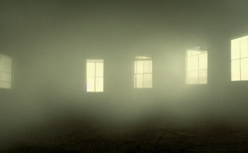 Image similar to screenshot photo low angle interior of a house built on nothing and something for the nothing underneath, scene from being john malcovich film directed by charlie kaufman ( 2 0 0 1 ), foggy volumetric light morning, moody cinematography, 2 4 mm anamorphic lens, 3 5 mm film