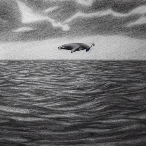 Image similar to a dark cloudy day, a whale swimming in the sky, pencil drawing, ultra realistic