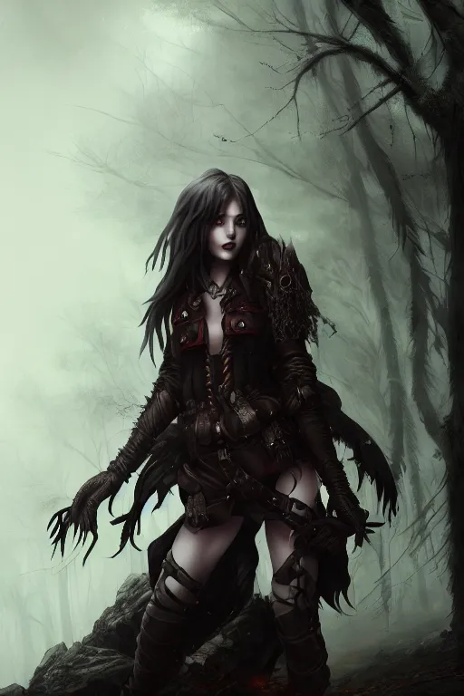 Image similar to dramatic atmospheric dark forest scenery, girl with vampire-fangs in hide leather armor, hyperdetailed, artstation, cgsociety, 8k