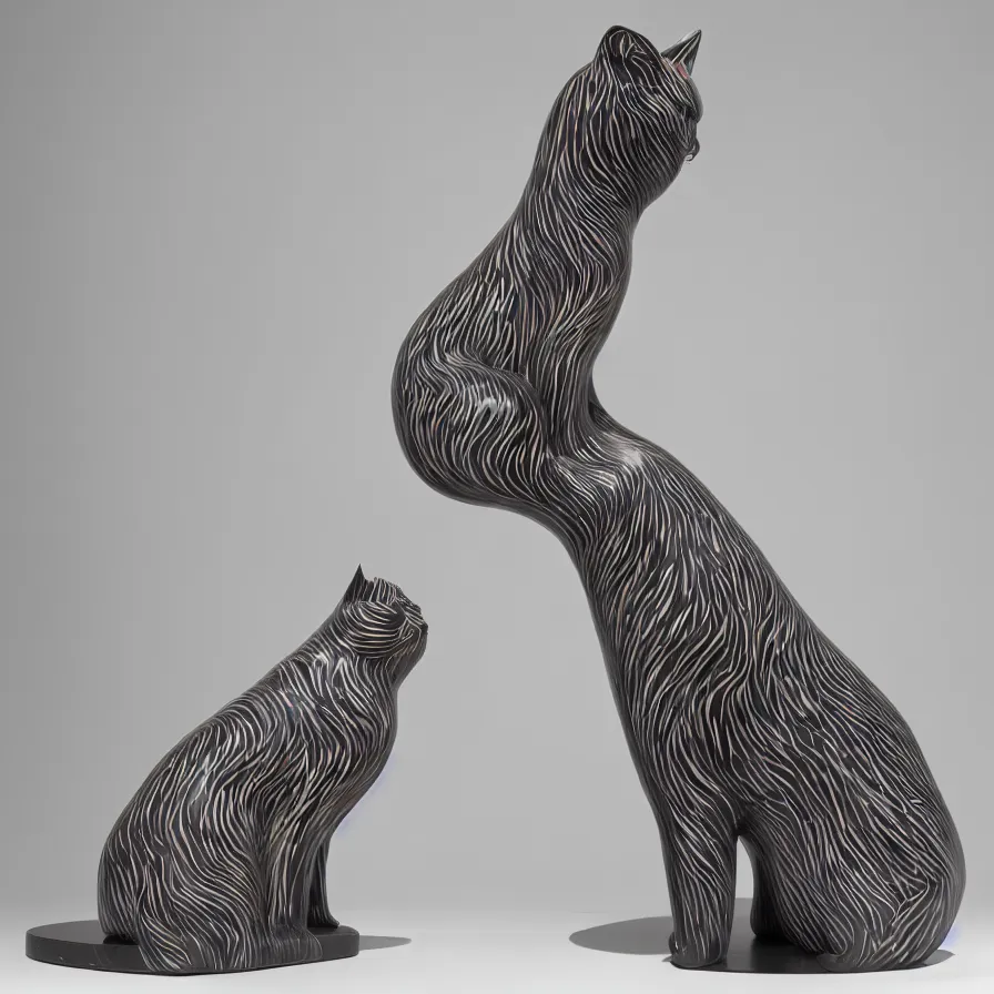 Prompt: beautiful gallery show studio photograph of a giant ceramic sculpture of a cat, glazed by bridget riley and victor vasarely, placed on a polished wooden table, hyperrealism 8 k trending on artstation