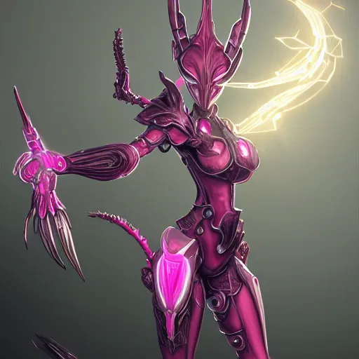 Image similar to highly detailed realistic exquisite fanart, of a beautiful female warframe, but as an anthropomorphic elegant robot female dragoness, glowing eyes, shiny and smooth off-white plated armor, bright Fuchsia skin beneath the armor, sharp claws, robot dragon four fingered hands, and robot dragon three clawed feet, royal elegant pose, full body and head shot, epic cinematic shot, professional digital art, high end digital art, DeviantArt, artstation, Furaffinity, 8k HD render, epic lighting, depth of field