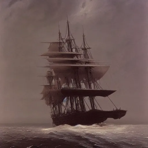 Image similar to a galleon by Zdzisław Beksiński, oil on canvas