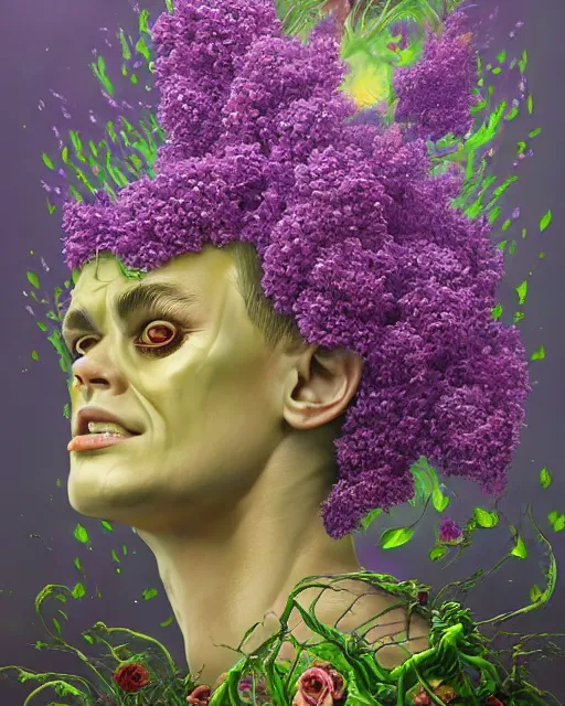 Image similar to Haunting horrifying detailed painting of a huge muscular hulking extraterrestrial flower monster made of lilacs, roses, lilies and daffodils, telekinetic aura, magical powers, and bloodshot eyeballs, hyper detailed, trending on Artstation