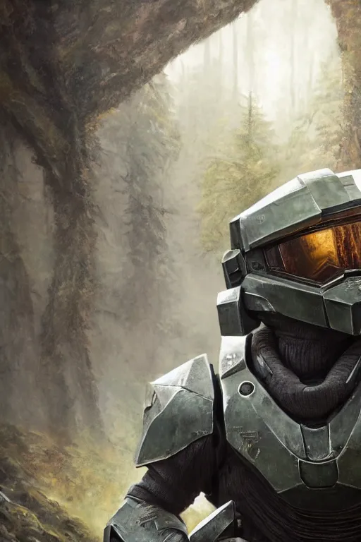 Image similar to asland playing as master chief in narnia, oil on canvas, intricate, portrait, 8 k highly professionally detailed, hdr, cgsociety