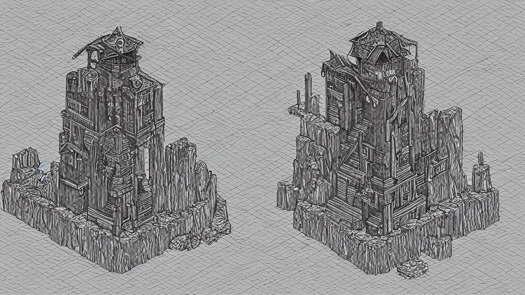 Image similar to isometric view of a solar punk wizard tower that's surrounded by rocks and mountains, lineart.