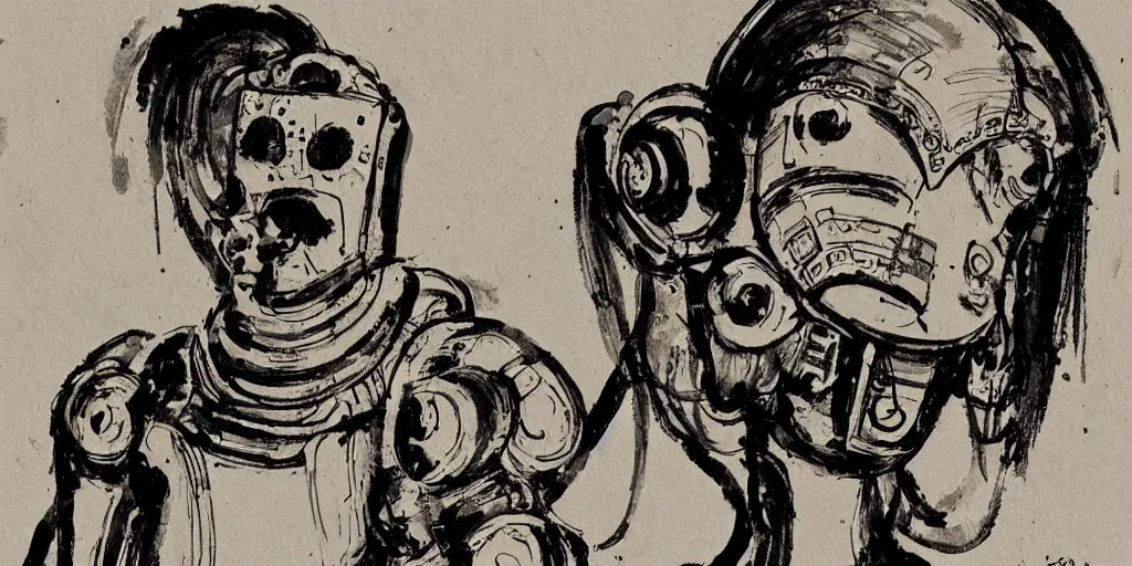 Prompt: a beautiful loose brushwork ink sketch of a mongolian robot in the style of renaissance art, beautifully lit