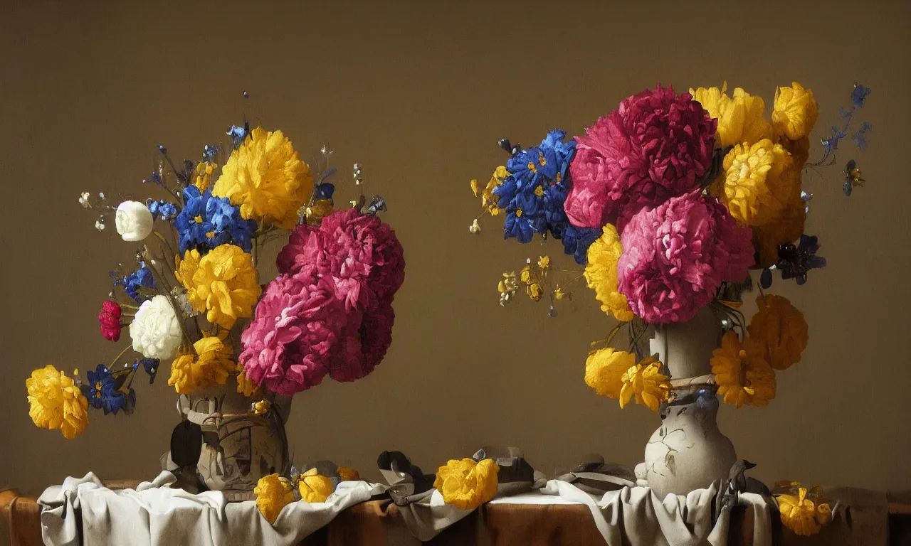 Image similar to still life of a big vase of flowers painted by Johannes Vermeer, vivid colors, high details, cinematic, 8k resolution, beautiful detailed, photorealistic, digital painting, artstation, concept art, smooth, sharp focus, illustration, fantasy background, artstation trending, octane render, unreal engine