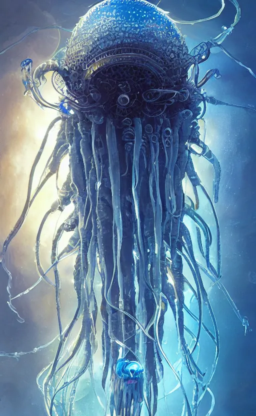 Image similar to Panorama hyper detailed painting of a cyberpunk jellyfish, blue tones, underwater, 8 mm, highly detailed, digital painting, artstation, concept art, smooth, sharp focus, illustration, art by artgerm and greg rutkowski and alphonse mucha