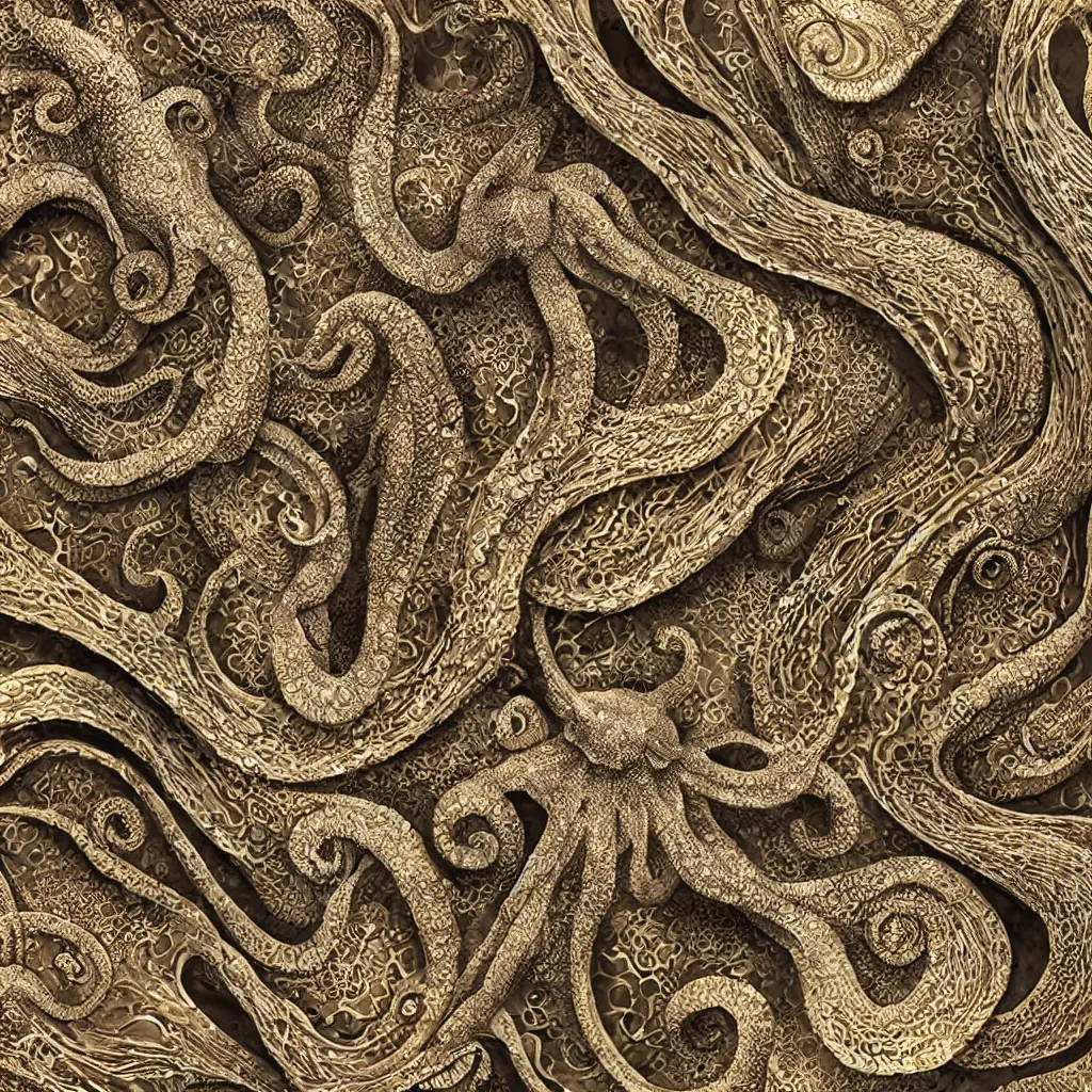 Prompt: complexoctopus skin by ernst haeckel, closeup, fractal engravings, sea horse, realistic cinema 4 d render, beach sand background, clear focus, very coherent, very detailed