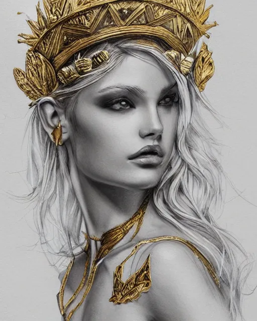 Image similar to tattoo sketch of blonde super model aphrodite greek goddess wearing a gold laurel wreath and triangle earrings, beautiful piercing gaze with sharp pupils, in the style of greg rutkowski, fantasy, amazing detail, epic, elegant, smooth, sharp focus, front view