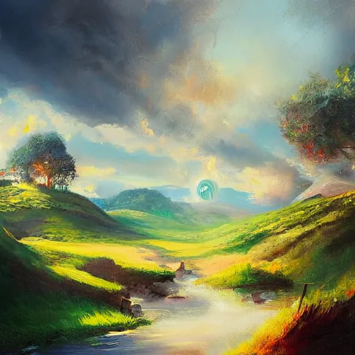 Prompt: an expressive painting of a lively landscape in the country by Ross Tran