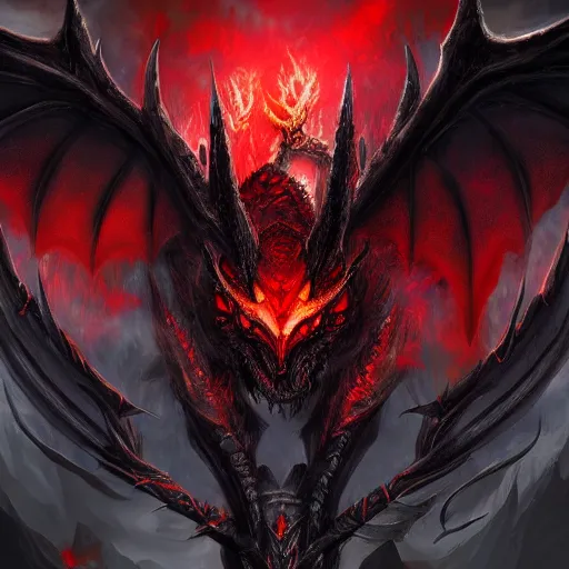 Image similar to digital art of a dragon in the style of archaon the everchosen, red glowing eye, highly detailed, dark colors, intricate, 8 k, artstation