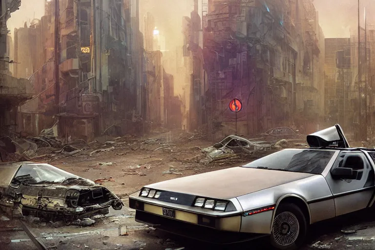 Image similar to photograph of the delorean driving down the streets of a cyberpunk abandoned city, by greg rutkowski, by stanley artgerm, by alphonse mucha