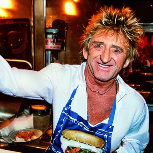 Prompt: rod steward is frying burgers, 1 9 8 0 s diner, dirty dishes, greasy food, impatient customers, rod stewart is wearing a stained apron, smiling at camera, white paper cap, he's sweating, photo