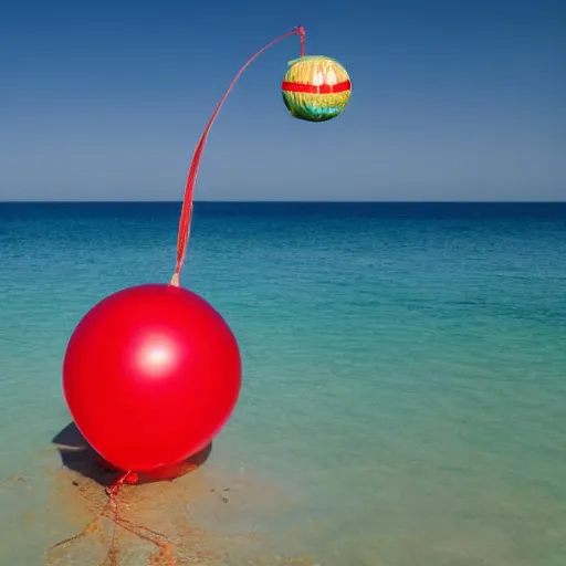 Image similar to a fish floating away from the sea tied to a ballon