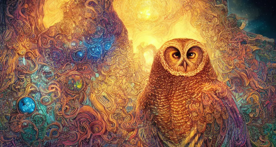 Prompt: the portrait of a smiling golden owl in the depths of the universe, an ultrafine hyperdetailed illustration by kim jung gi, irakli nadar, intricate linework, bright colors, octopath traveler, final fantasy, unreal engine 5 highly rendered, global illumination, radiant light, detailed and intricate environment, - h 1 0 2 4