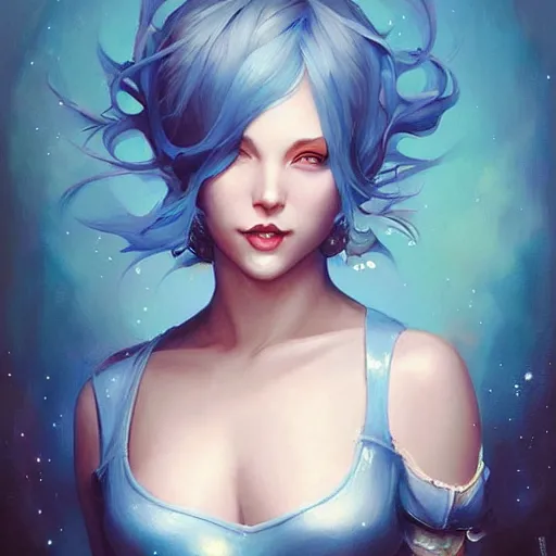 Image similar to a beautiful painting of a smiling woman with stylish short blue hair and sparkling blue eyes representative of the art style of artgerm and wlop and peter mohrbacher