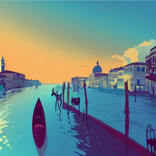 Prompt: a canal in venice, minimalist vector illustration, bokashi sky, digital painting, voluminous clouds, trending on dribbble, trending on behance, by anton fadeev, by alena aenami, by david hockney