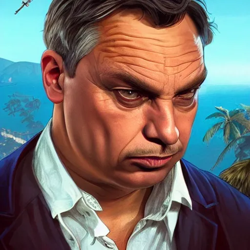 Image similar to [Viktor Orban as a bird as GTA character, closeup, D&D, intricate, elegant, highly detailed, digital painting, artstation, concept art, matte, sharp focus, illustration, art by Artgerm and Greg Rutkowski and Alphonse Mucha and Enki Bilal]