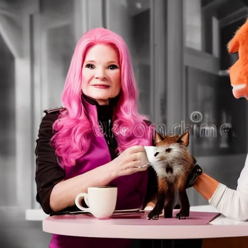 Image similar to captain janeway sharing coffee with a robotic fox with pink hair, inside a french cafe, real life photo, hdr 8 k advertising photography, studio lighting