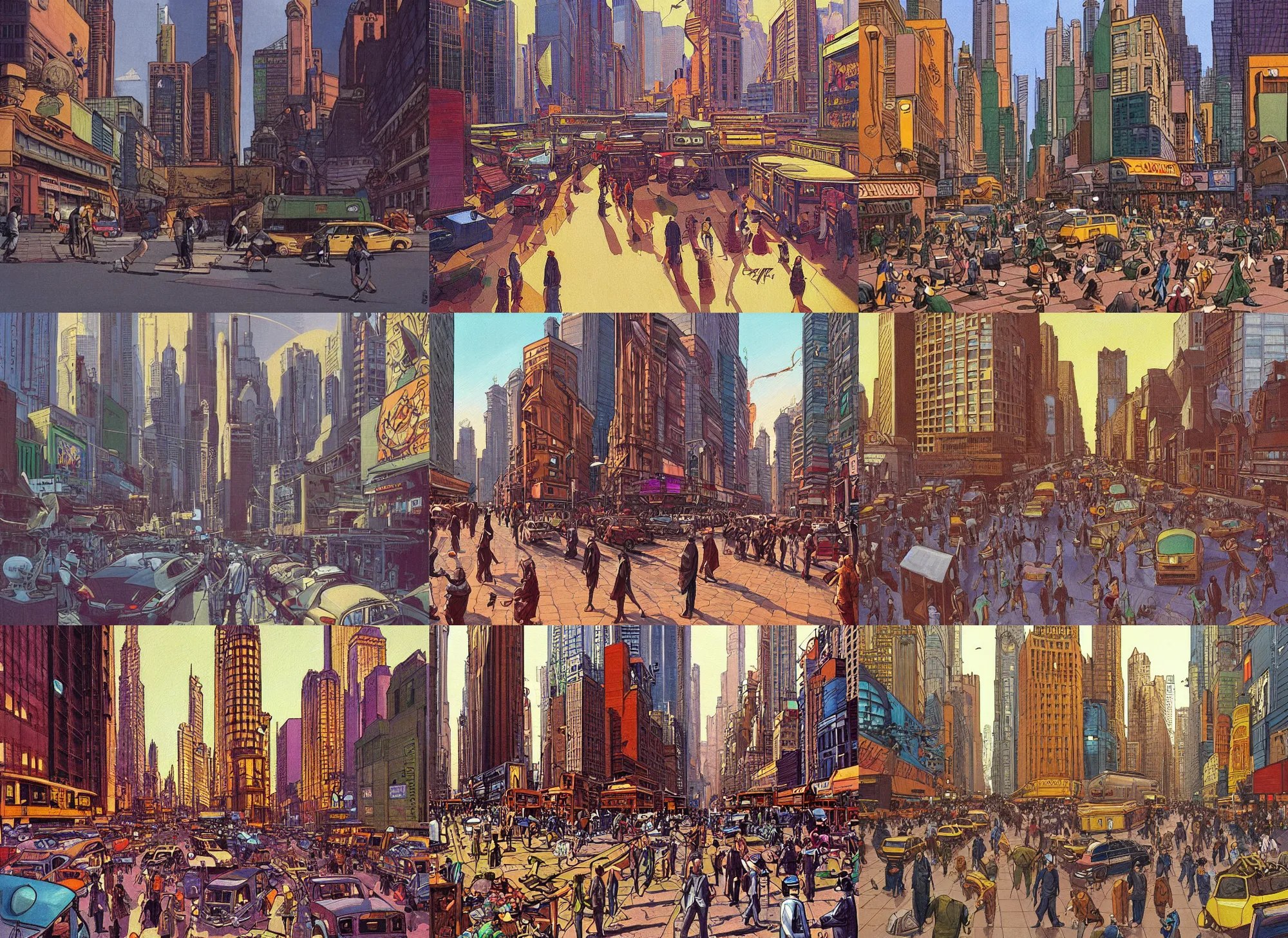Prompt: a painting of a chaotic morning in the bustling city, in the iconic style of moebius