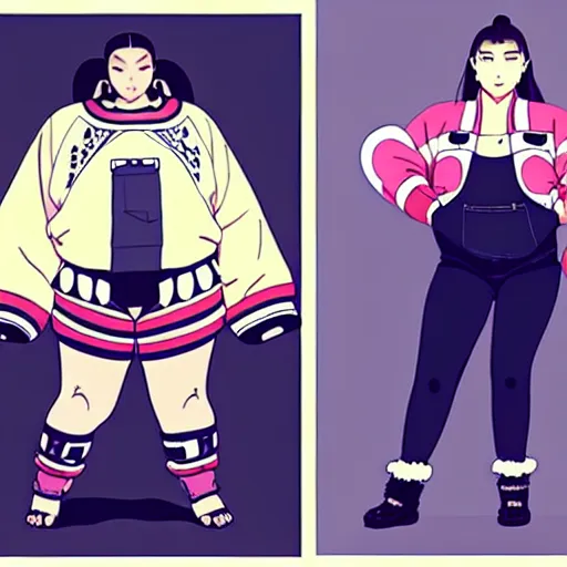 Image similar to a beautiful plus sized model japanese natalie portman, alluring, wearing oversized mayan bomber jacket and leotard with overalls, bulky poofy bomber jacket with mayan patterns, aztec street fashion, gapmoe yandere grimdark, trending on pixiv fanbox, painted by greg rutkowski makoto shinkai takashi takeuchi studio ghibli, akihiko yoshida