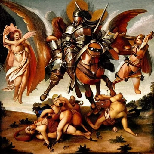 Image similar to paladins in plate armor riding into hell, fighting demons, with an angel with a sword flying over them, renaissance painting