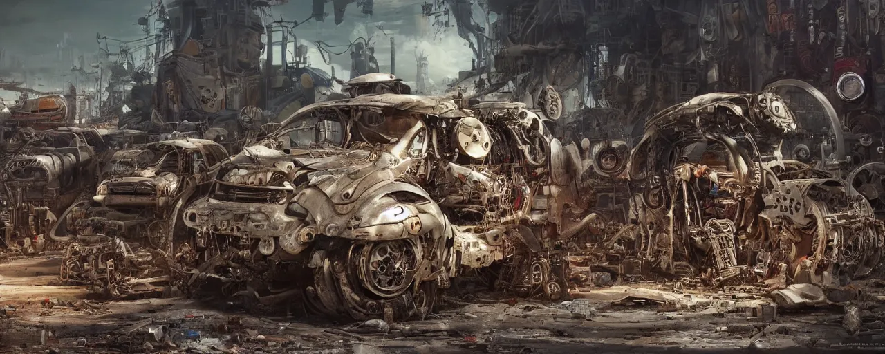 Image similar to an intricate concept art of a mechanical coming out to life in a junkyard, post - apocalyptic, hyper maximalist, matte painting, ultra detail, concept art, hyper realistic, cgsociety, hyper maximalist, artstation, deviantart, style by feng zhu and dylan cole, octane render, anime style