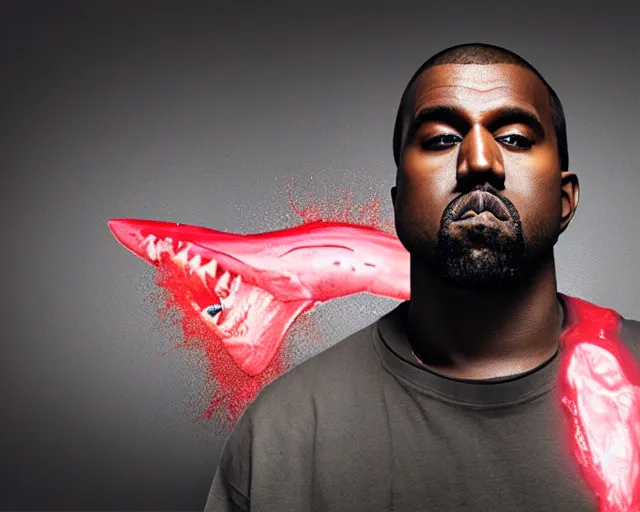 Image similar to Kanye West As A Vampire With Shark Teeth, Red Fluid Dripping From His Mouth, Full Figure, 8K, octane render, HDR, photorealistic, volumetric lighting, Hyperrealistic-H 960