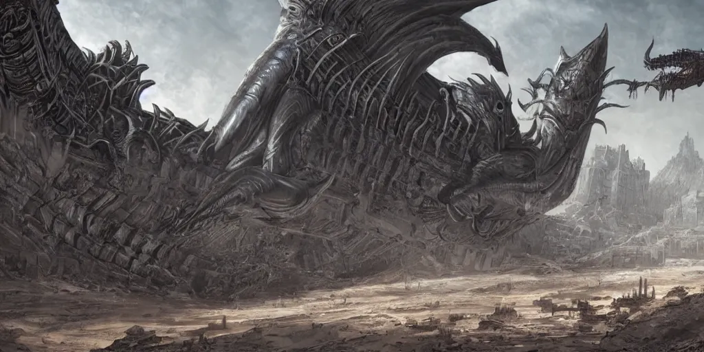 Image similar to one giger wyvern attacking desert city, in style of federico pelat and greg rutkowski