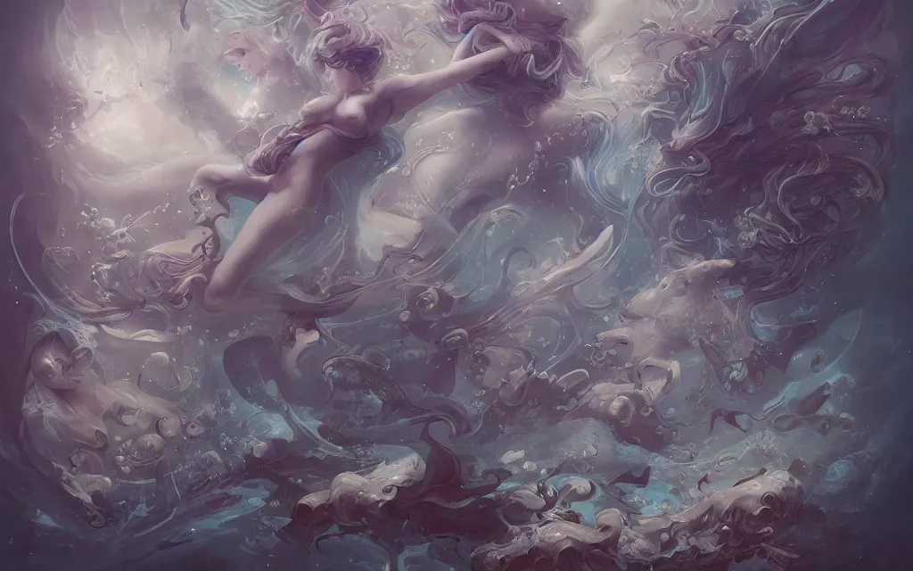 Prompt: collection of beautiful celestial females creature under water by James Jean, intricate, elegant, highly detailed, centered, digital painting, artstation, concept art, smooth, sharp focus, illustration, by Peter Mohrbacher, WLOP