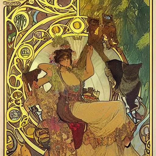 Prompt: a posters of Gypsy lady doing tarot card reading inside a gypsy caravan surrounded by cats in art nouveau from 1878, Alphonse Mucha, decorative panels, yellow paper, soft outline