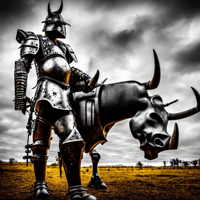 Prompt: photo of a warrior with metal cow themed armour, highly detailed, 4 k, hdr, smooth, sharp focus, high resolution, award - winning photo