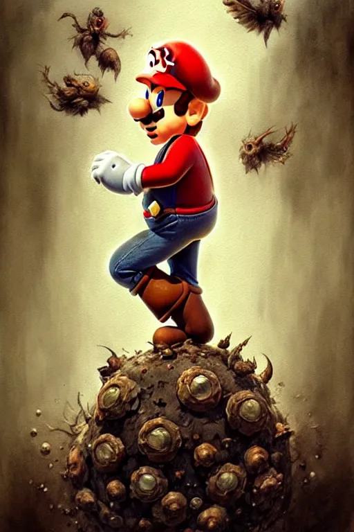 Image similar to super mario | esoteric symbolism | jean - baptiste monge, esao andrews, bastien lecouffe - deharme, tim jacobus, ken currie | ultra - detailed realism, soft cinematic lighting, hi - fructose, artstation, high - quality, ink watercolors wes anderson poster art