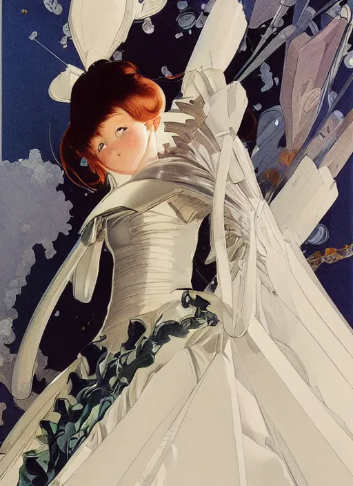 Image similar to a low angle copic maker art nouveau portrait of anime girl detailed features wearing a puffy futuristic wedding dress designed by balenciaga by john berkey, norman rockwell akihiko yoshida