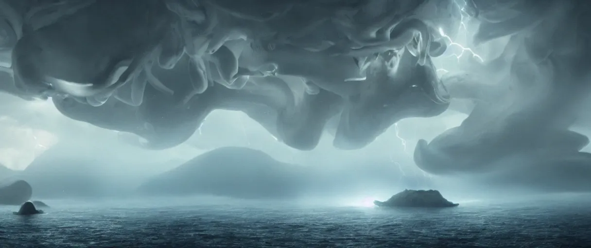 Image similar to a giant octopus god floating over a rain forest, lightning and sun rays, ambient light, a volcano erupts, still from the movie the arrival, 8k