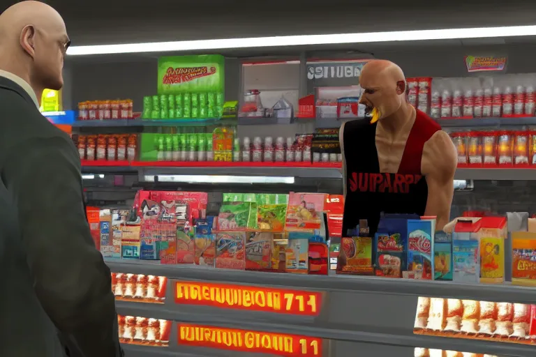 Image similar to agent 4 7 ordering a slurpee at 7 1 1, ps 5 god of war screenshot