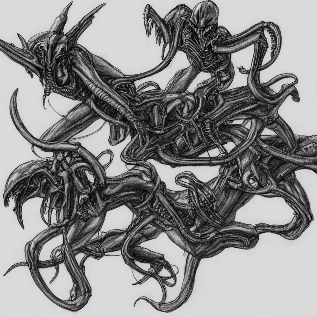 Image similar to a pencil sketch of a cowboy riding xenomorph, white background